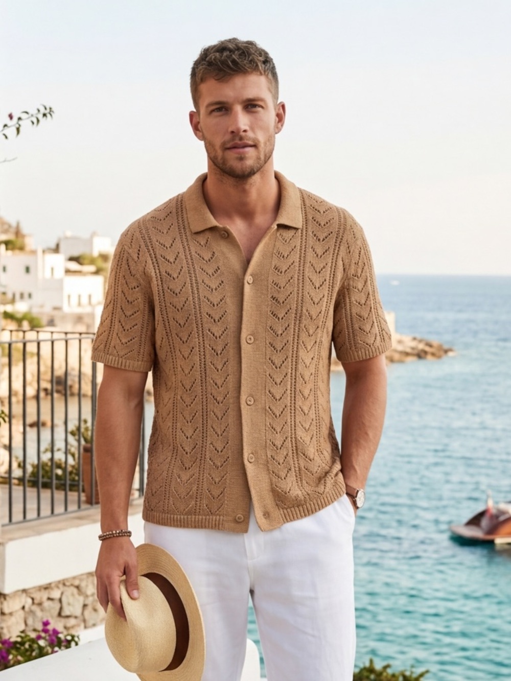 American Eagle Open-Knit Crochet Polo Button-Down - Camel - Large